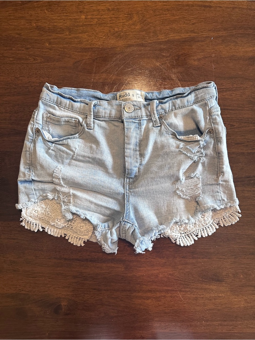 Mudd Light Wash Denim Shorts with Lace Pockets